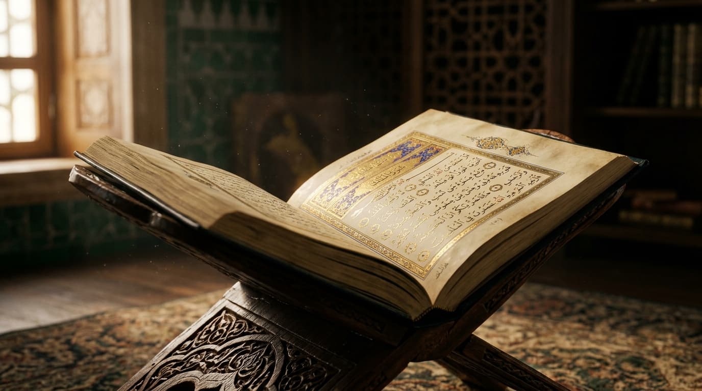 Holy Quran on ornate wooden Rehal book stand